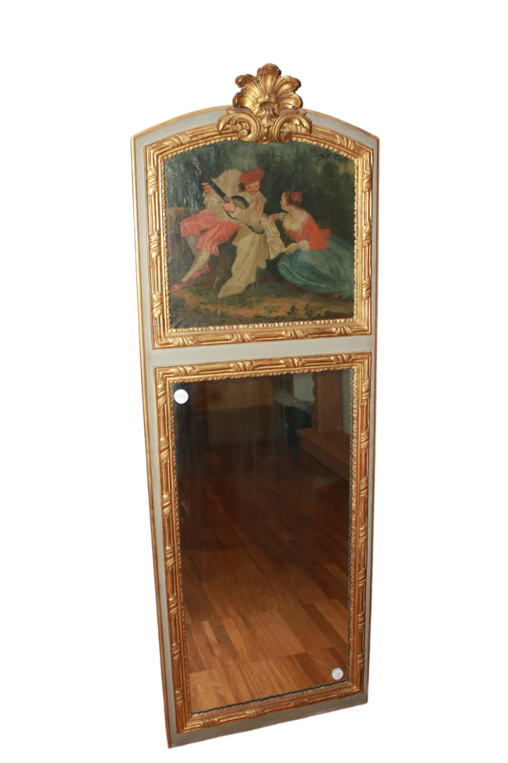 French Overmantel Mirror from the 1800s with Painting of a Romantic Scene