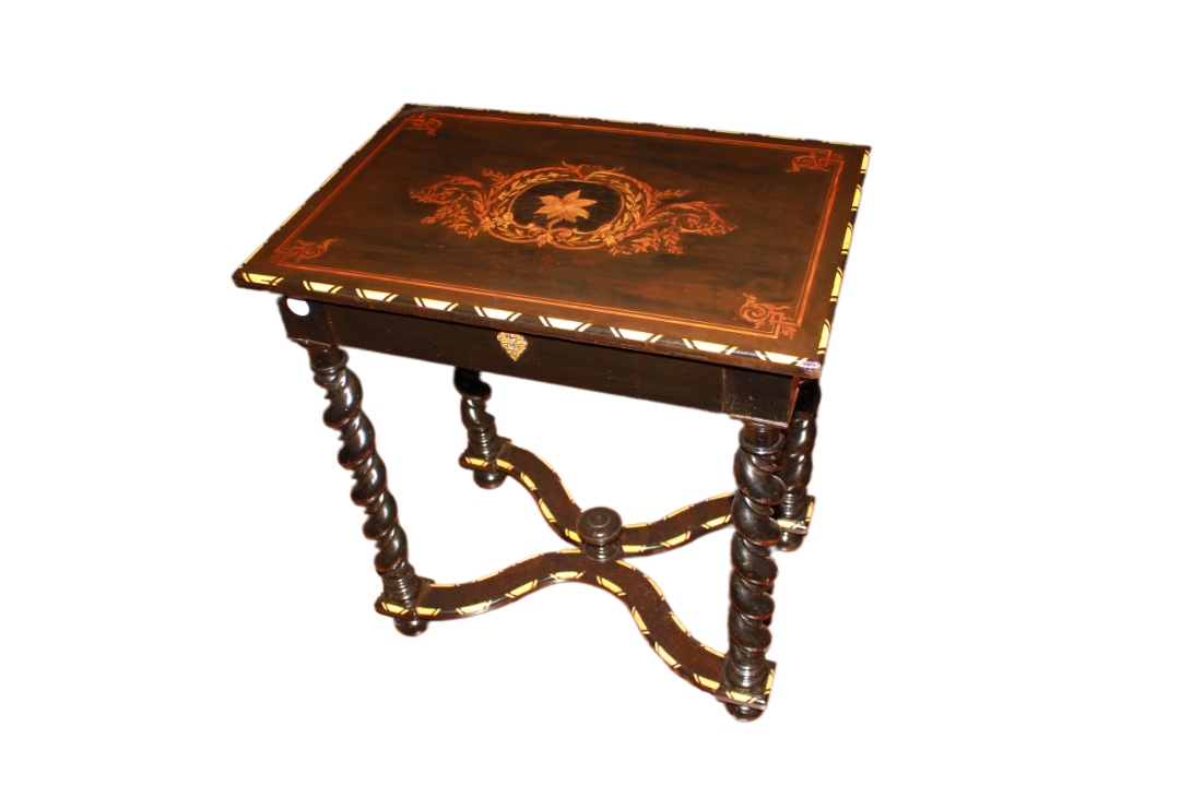 Dutch Ebony Table from the Early 1800s with Inlays and Twisted Legs