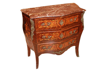 Piccolo cassettone comoncino francese Luigi XV – Bois de Violette, intarsi floreali e marmo rosso Francia
