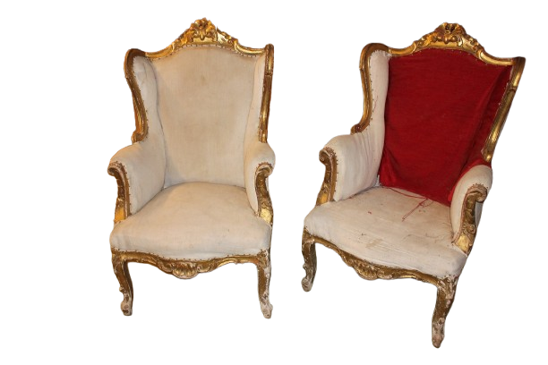 Paire de Fauteuils Français Louis XV à Oreilles – Seconde Moitié du XIXe Siècle, Bois Doré à la Feuille d'Or