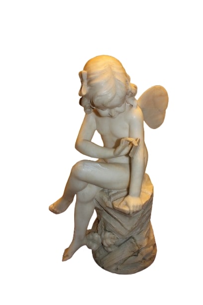 Putto francese in marmo bianco – Seconda metà '800, scultura con ali su piedistallo