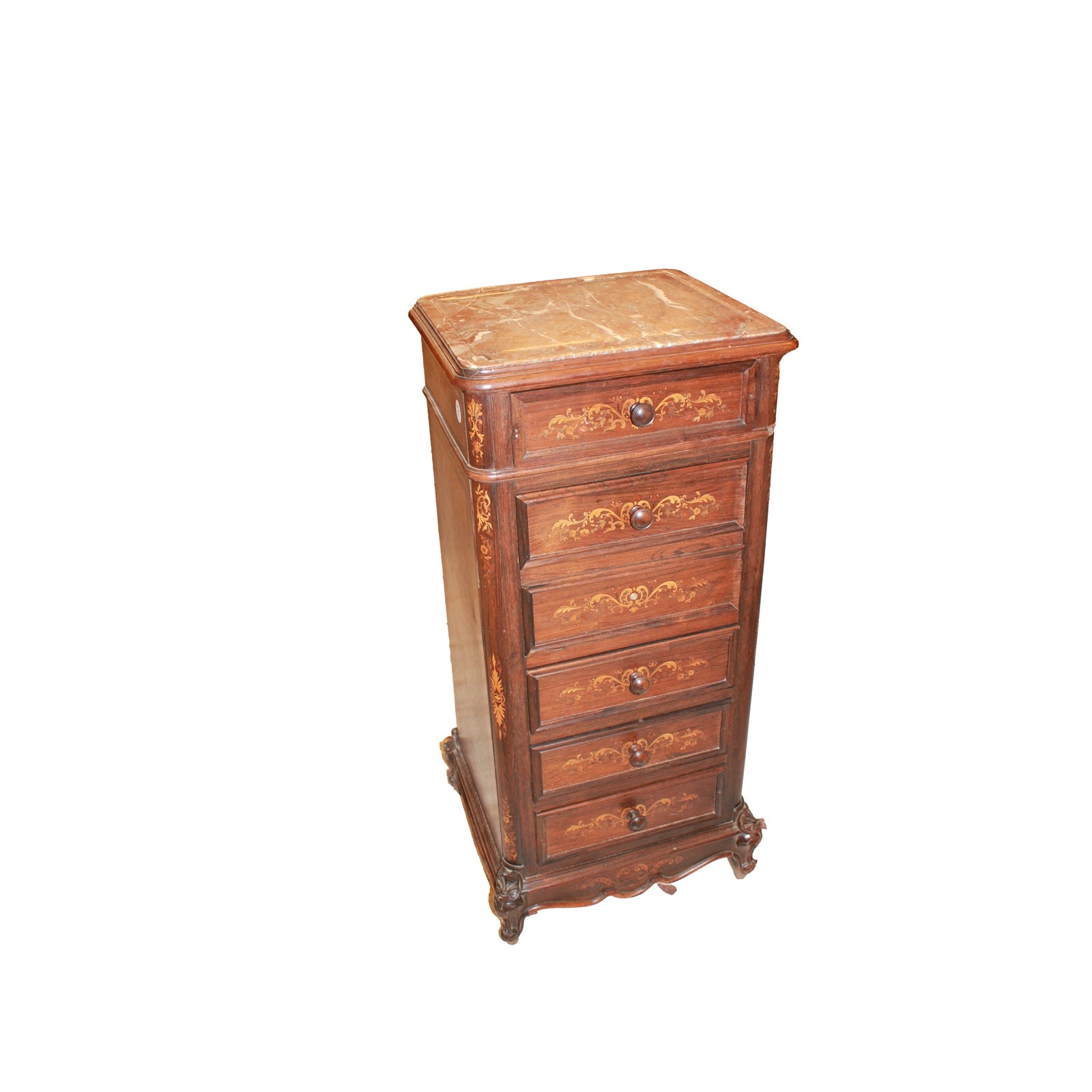 Comodino alto Francese Stile Luigi XV in Legno di Palissandro Intarsiato