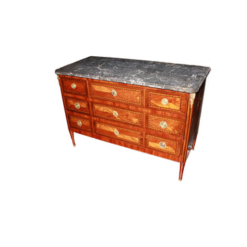 Early 19th Century French Louis XVI Style chest of drawers – Mahogany, Marble Top & Inlays