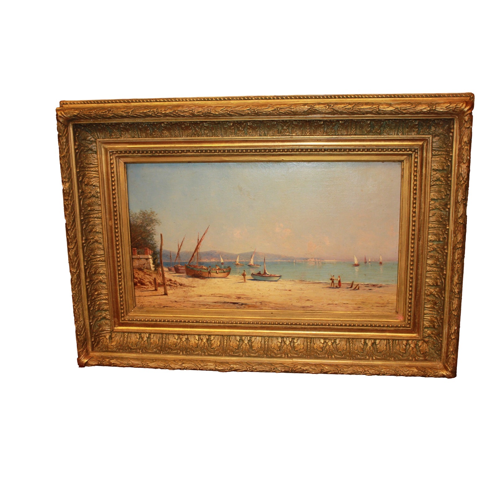 19th-Century French Marine Oil Painting with Figures and Boats – Signed