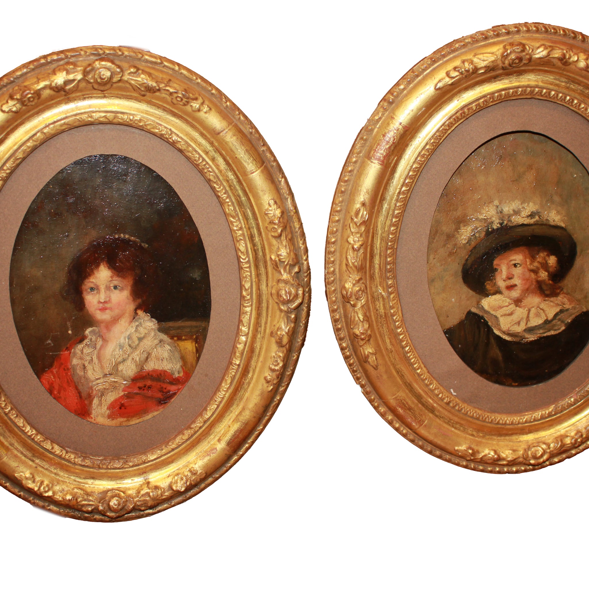 Pair of 19th-Century French Oil Portraits on Cardboard with Oval Frames