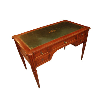 Bureau français en noyer style Louis XVI avec plateau en cuir vert – Début XXe siècle