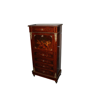 Piccolo Secretaire Francese Luigi XVI con marmo applicazioni in bronzo e ricchi motivi di intarsio XIX secolo