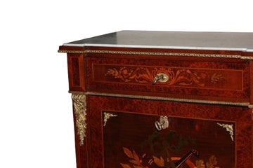 Piccolo Secretaire Francese Luigi XVI con marmo applicazioni in bronzo e ricchi motivi di intarsio XIX secolo