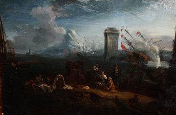 Olio su tavola paesaggio Marina van der Cabel (1631-1705)