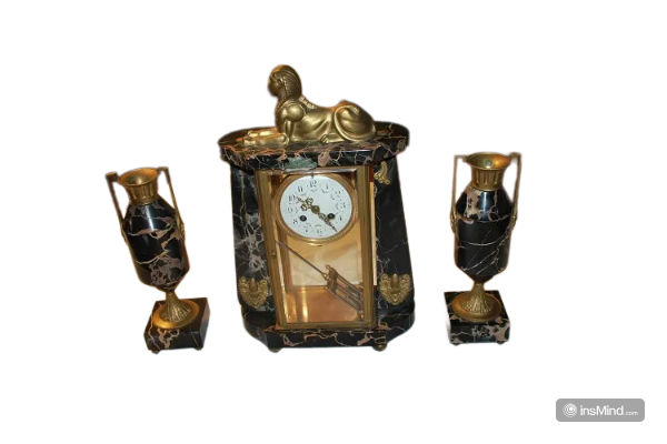 Pendule de table triptyque avec 2 vases en marbre de style Art Déco du début des années 1900