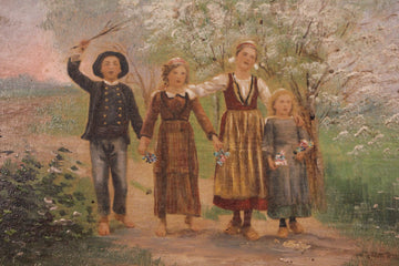 French Oil on Panel with Rural Landscape and Children – Late 19th Century