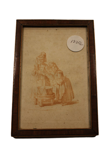 Pair of French Red Chalk Drawings (Sanguine) – Ladies and Children, 19th Century