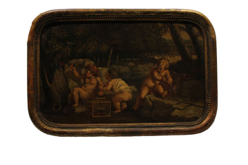 Pair of Early 18th Century French Oil Paintings on Panel with Putti and Animals