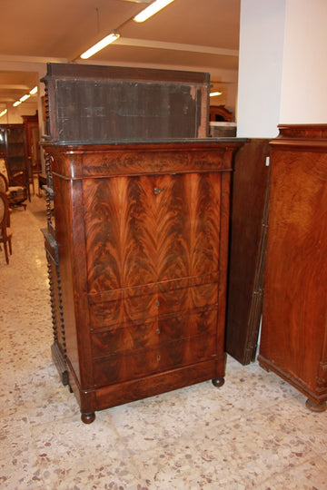 French Empire style secretaire desk chest in mahogany and mahogany feather 19th century