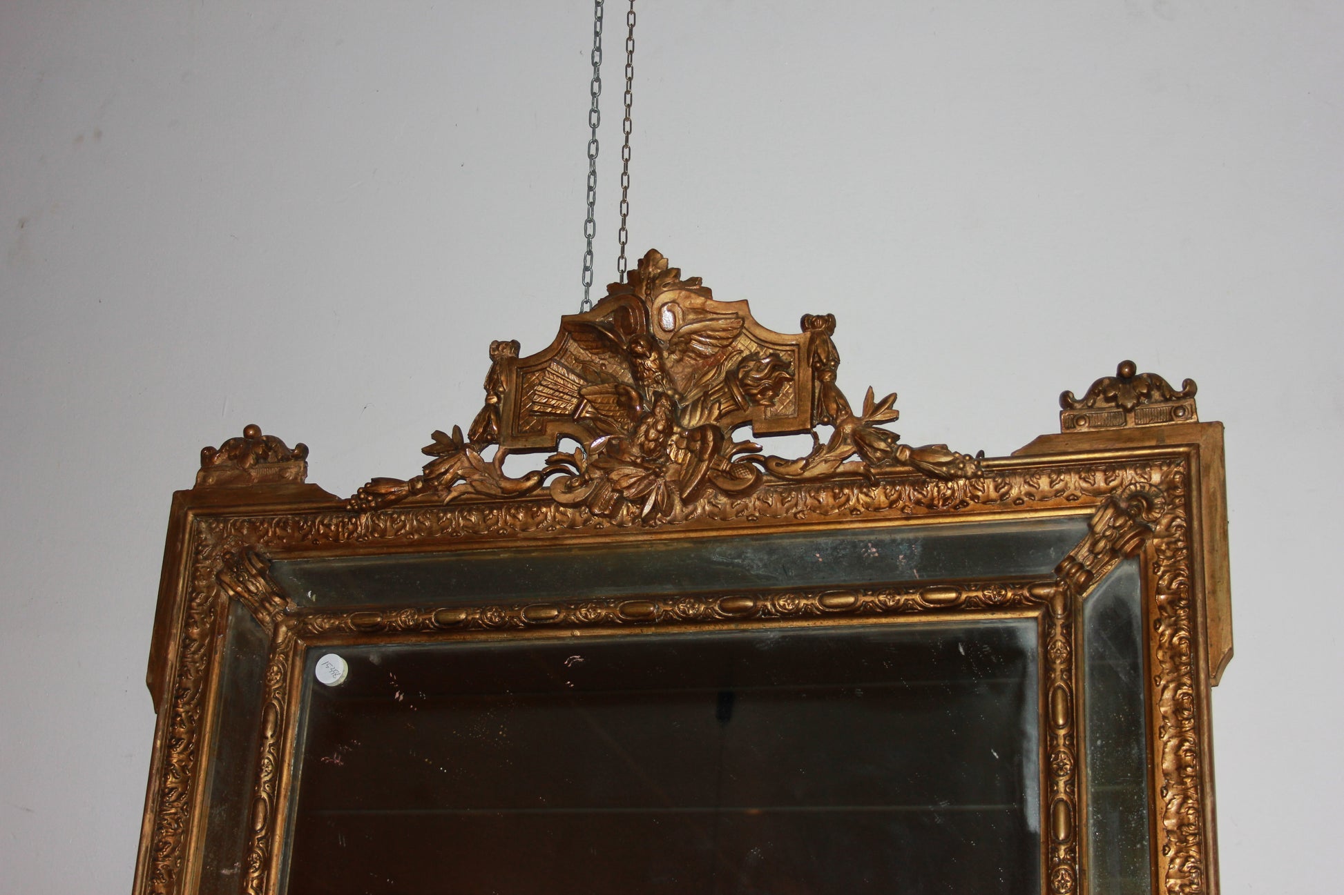 Antica specchiera dorato foglia oro del 1800 francese Luigi XVI cimasa