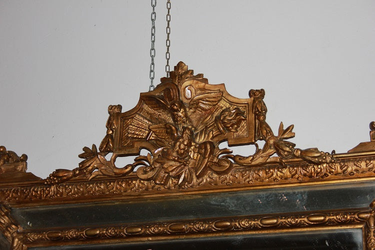 Antica specchiera dorato foglia oro del 1800 francese Luigi XVI cimasa