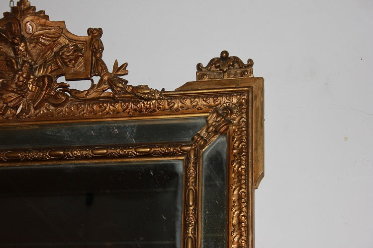 Antica specchiera dorato foglia oro del 1800 francese Luigi XVI cimasa
