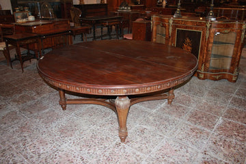 Large French table from the early 19th century, Louis XVI style, in mahogany wood, 2 meters in diameter
