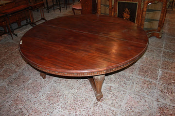 Large French table from the early 19th century, Louis XVI style, in mahogany wood, 2 meters in diameter