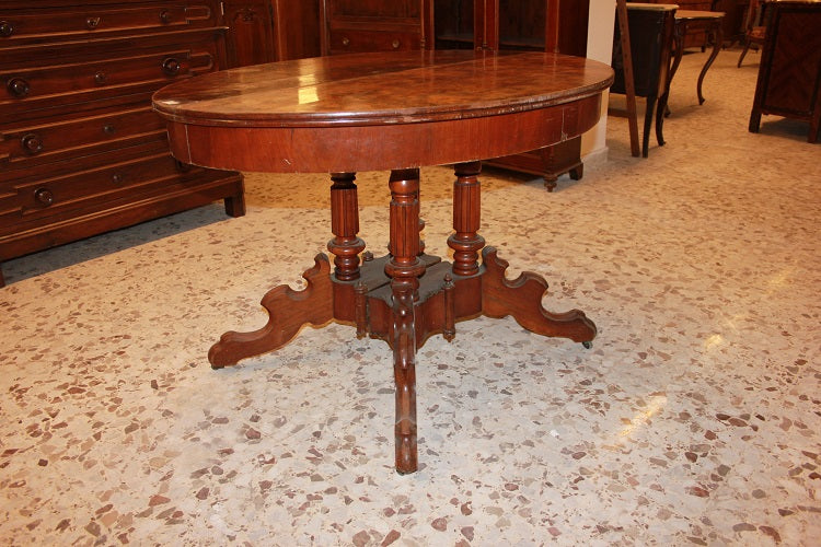 Tavolo ovalino allungabile stile Biedermeier del 1800 in radica di noce
