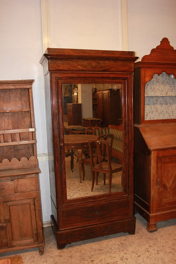 Armoire 1 porte avec miroir de style Directoire en bois d'acajou et plume d'acajou avec tiroir