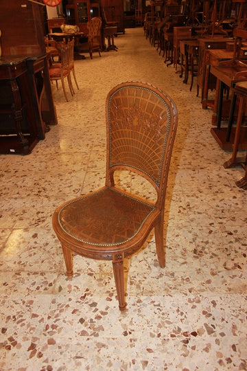 Group of 8 Louis XVI style chairs in printed leather and walnut wood from the late 19th century