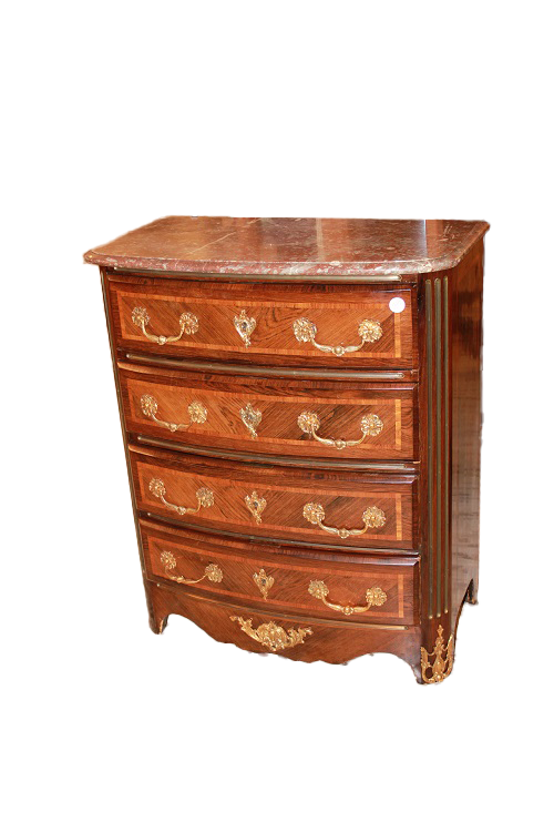 Piccolo cassettone comoncino francese Stile Reggenza con 4 cassetti piano in marmo e bronzi dorati