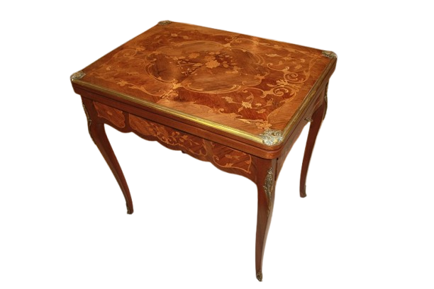 Graceful French card table from the 1800s richly inlaid Louis XV