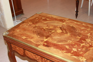 Graceful French card table from the 1800s richly inlaid Louis XV