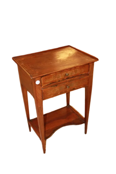 Tavolino con 2 cassetti ed intarsi francese stile Luigi XVI del 1800 in legno di noce