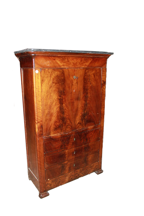 Secretaire Carlo X di metà 1800 in mogano con filetto di intarsio