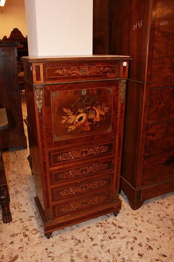 Small French Louis XVI secretaire desk chest with marble bronze applications and rich 19th century inlay motifs