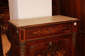 Small French Louis XVI secretaire desk chest with marble bronze applications and rich 19th century inlay motifs