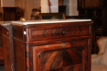 Small French Louis Philippe style 19th century secretaire desk chest in rosewood with white marble top