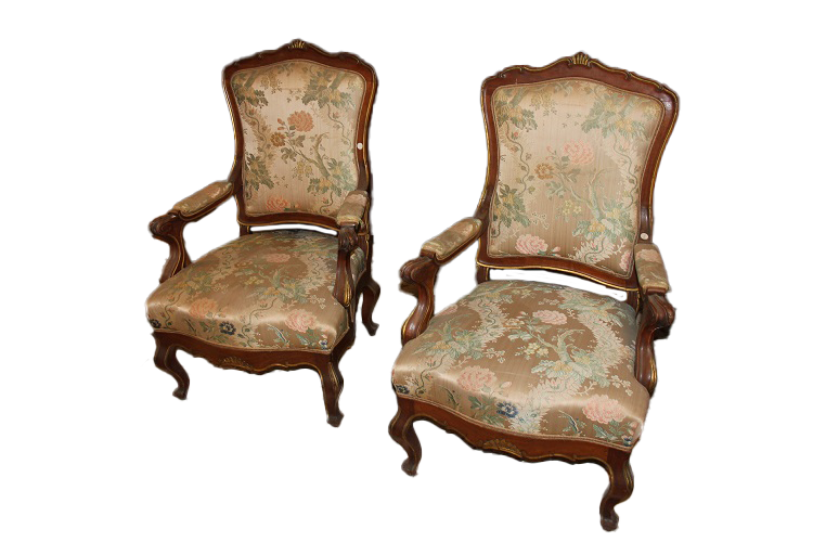 Paar französische Sessel im Louis-XV-Stil aus dem 19. Jahrhundert in Nussholz mit vergoldeten Rändern