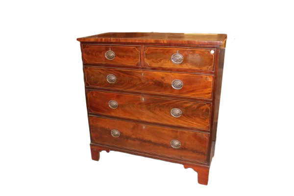 Comò inglese stile Regency in legno di mogano con intarsi XIX secolo