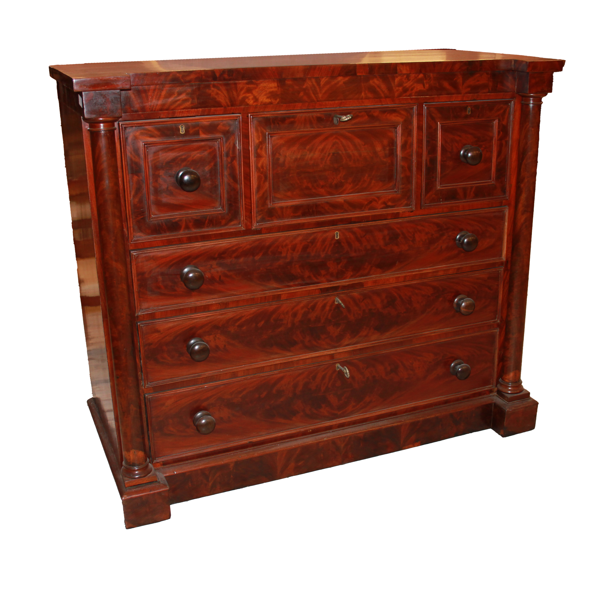 Grande comò cassettone inglese stile Regency del 1800 in piuma di mogano