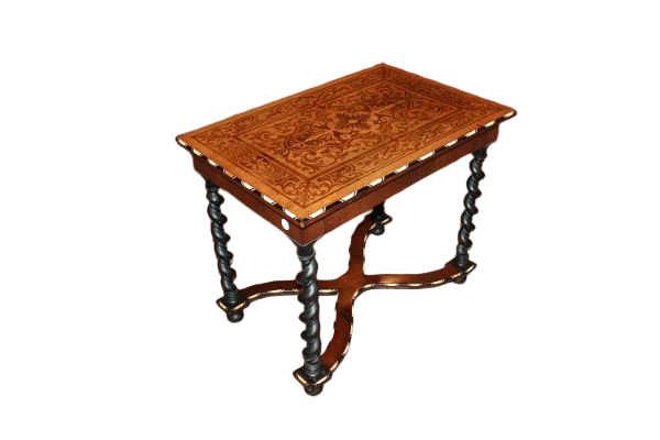 Mid-1800s French Dutch style coffee table with inlaid torchon