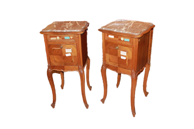 Chevets Anciens de style Louis Philippe en noyer du 19ème siècle avec marbre et sculptures