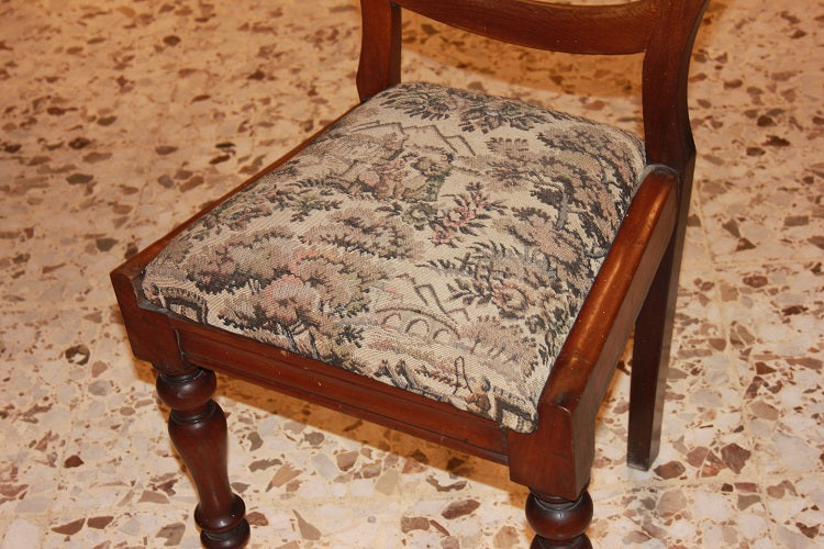 Gruppo di 4 sedie inglesi del 1800 in legno di mogano rivestite in tessuto sanderson