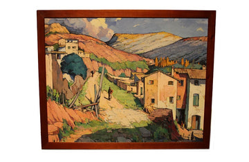 Huile sur toile espagnole du milieu du XXe siècle représentant une vue sur une ville catalane