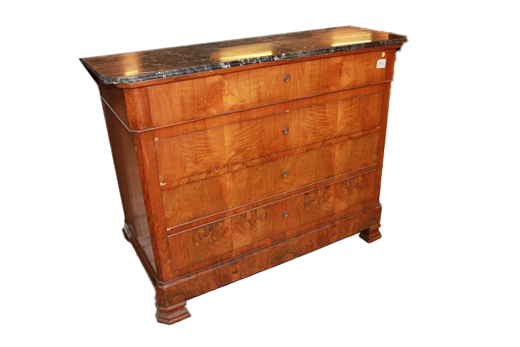 Comò Luigi Filippo di metà 1800 in legno di noce Fiammato con 4 cassetti e piano in marmo