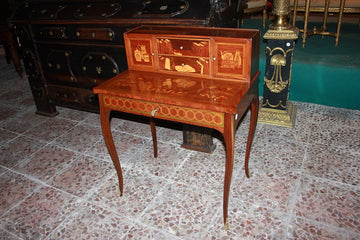 French Intricately Inlaid Writing Desk Louis XV Style with Hutch
