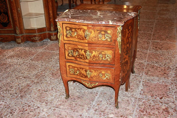 French 1800s small chests of drawers with Rich Inlay Motifs and Marble