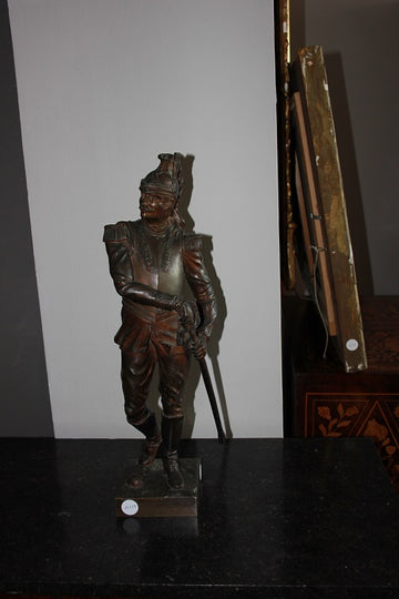 French bronze sculpture from the 1800s depicting a Cavalry Officer Dragoon Soldier, Signed