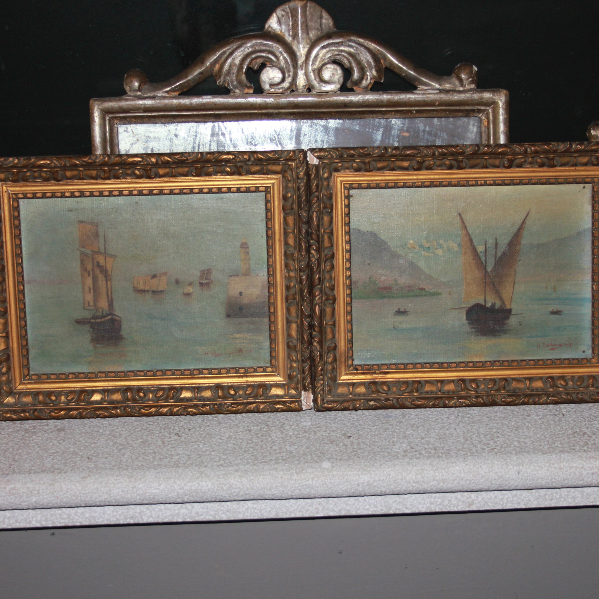 Coppia di piccoli oli su tela Francesi di inizio 1900 Vedute Marine Firmati