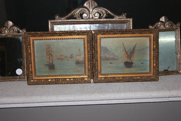 Paire de petites huiles sur toile françaises du début des années 1900 Signées Marine Views