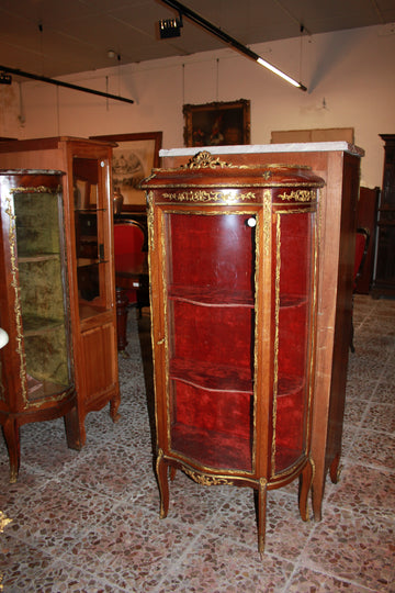 French Transition Style Mahogany Display Cabinet from the 1800s with Rich Bronze Ornaments