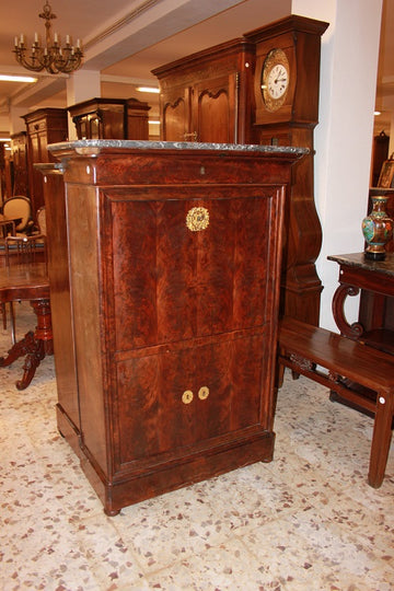 French Empire Style Secretaire desk chest in Mahogany with Black Marble Top
