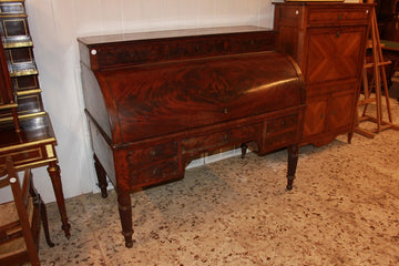 Large French Roll-Top Writing desk from the Mid-1800s, Direttorio Style, in Mahogany Feather